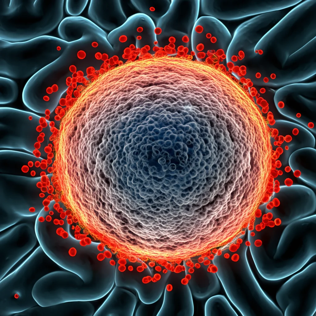 Visualizzazione 3D artistica ma scientificamente accurata di una lesione a bordo largo (BRL) nel cervello umano, evidenziando l'ampio anello di cellule immunitarie attivate (microglia/macrofagi) in colori vivaci (rosso/arancione) attorno a un'area demielinizzata centrale (blu/grigio). Sfondo scuro per contrasto, illuminazione drammatica, alto dettaglio.