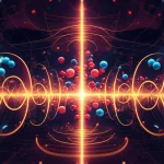 Visualizzazione artistica dell'interazione quantistica tra atomi a due livelli (sfere luminose blu/rosse) e modi fotonici (onde di luce dorata) all'interno di una cavità ottica, rappresentando l'Hamiltoniano di Dicke. Stile fotorealistico, illuminazione controllata, high detail, macro lens 80mm.
