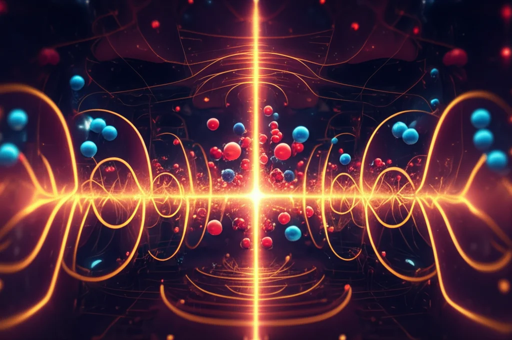 Visualizzazione artistica dell'interazione quantistica tra atomi a due livelli (sfere luminose blu/rosse) e modi fotonici (onde di luce dorata) all'interno di una cavità ottica, rappresentando l'Hamiltoniano di Dicke. Stile fotorealistico, illuminazione controllata, high detail, macro lens 80mm.