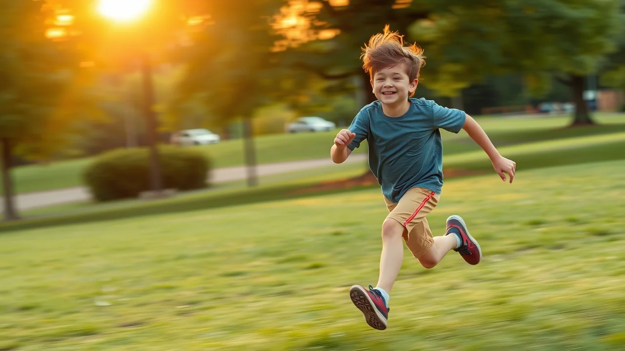 Adolescente con ADHD che corre felice e pieno di energia in un parco verde durante il tramonto. Fotografia sportiva, teleobiettivo 200mm, tracciamento del movimento, luce calda e dorata, sfondo sfocato (effetto bokeh) che enfatizza il soggetto in movimento.