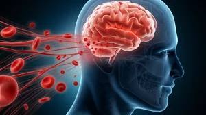 Immagine concettuale fotorealistica che mostra globuli rossi stilizzati che fluiscono verso un cervello umano parzialmente trasparente, simboleggiando il legame tra anemia (carenza di globuli rossi) e salute cerebrale post-ictus, illuminazione drammatica con contrasti netti, stile high detail.
