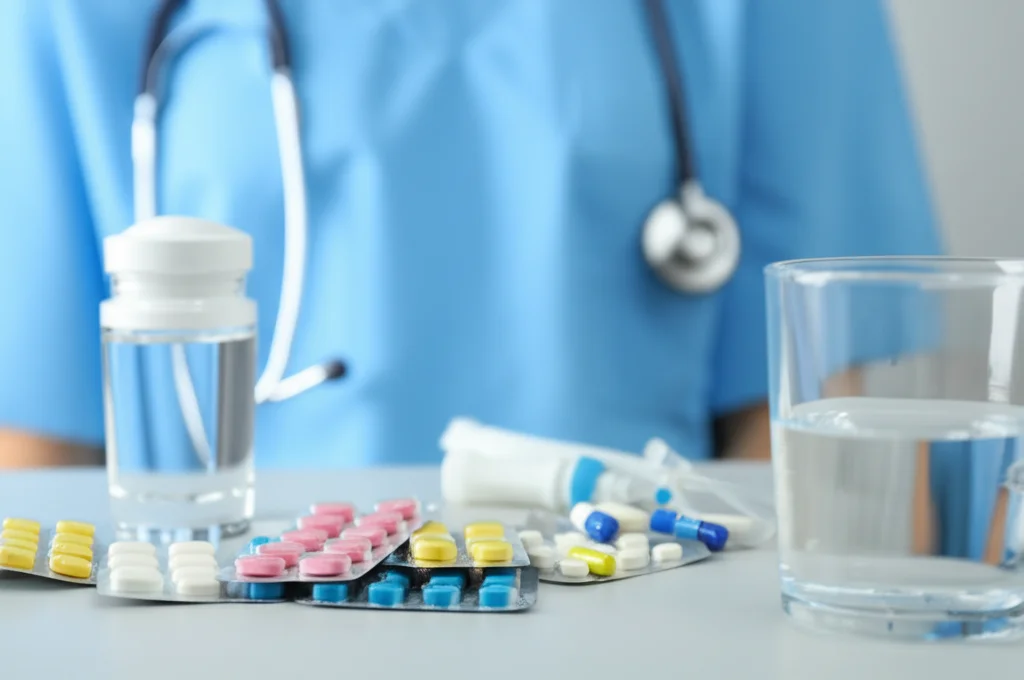 Immagine fotorealistica di una flebo di chemioterapia con cisplatino accanto a un bicchiere d'acqua e farmaci antiemetici su un tavolino medico, simbolo delle strategie di supporto, obiettivo macro 85mm, alta definizione, illuminazione controllata.
