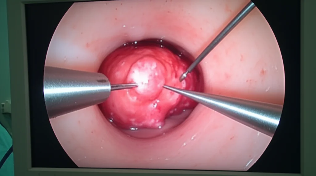 Immagine fotorealistica di una procedura di microchirurgia endoscopica transanale (TEM) in corso. Vista interna del retto su un monitor ad alta definizione, con strumenti chirurgici di precisione che rimuovono una piccola lesione sottomucosa. Illuminazione chiara e dettagliata dell'anatomia. Obiettivo macro 100mm, alta definizione, illuminazione controllata.