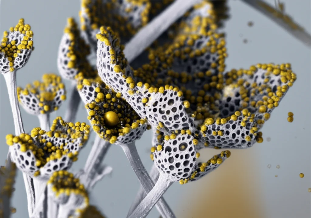 Macro fotografia di nanofiori di ossido di stagno immersi in acqua limpida, con particelle stilizzate di cadmio (piccole sfere brillanti) che aderiscono alla loro superficie porosa tridimensionale. Obiettivo macro 90mm, illuminazione controllata laterale per evidenziare i dettagli della struttura floreale e la trasparenza dell'acqua, messa a fuoco precisa sui nanofiori al centro dell'immagine, sfondo acquatico leggermente sfocato.