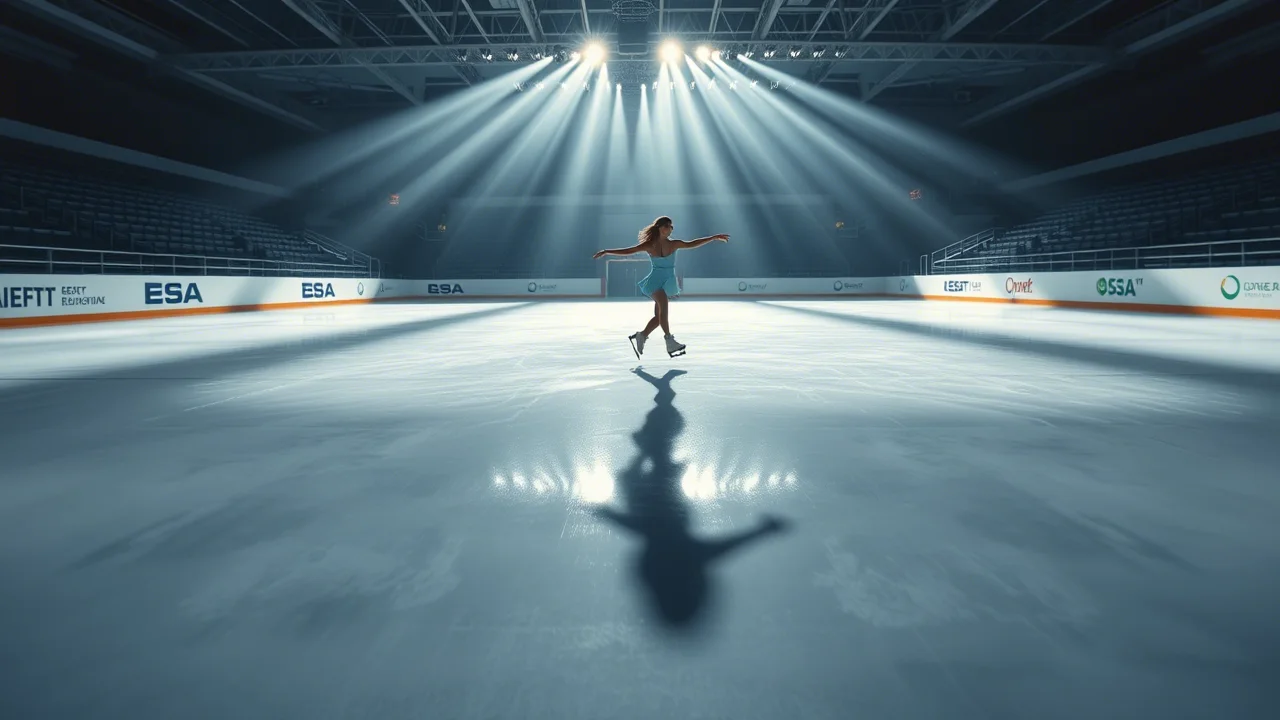 Pattinatore di figura professionista in controluce che esegue una figura complessa al centro di una pista di ghiaccio impeccabile e lucida, luce drammatica dall'alto che crea lunghe ombre, teleobiettivo 150mm, profondità di campo ridotta per sfocare le tribune vuote sullo sfondo, tracciamento del movimento, alta velocità otturatore per congelare l'atleta a mezz'aria.
