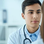 Ritratto di un giovane adolescente durante una visita medica in un ambiente ospedaliero luminoso, focus sul volto che esprime determinazione e speranza nonostante la diagnosi di carcinoma rinofaringeo, lente prime 35mm, profondità di campo, toni duo blu e grigio.
