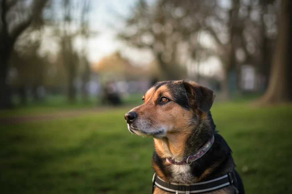 Ritratto fotografico di un cane di razza mista che guarda attento verso l'orizzonte in un parco cittadino, simboleggiando la vigilanza e il concetto di sentinella, lente prime 35mm, profondità di campo, luce dorata del tardo pomeriggio.