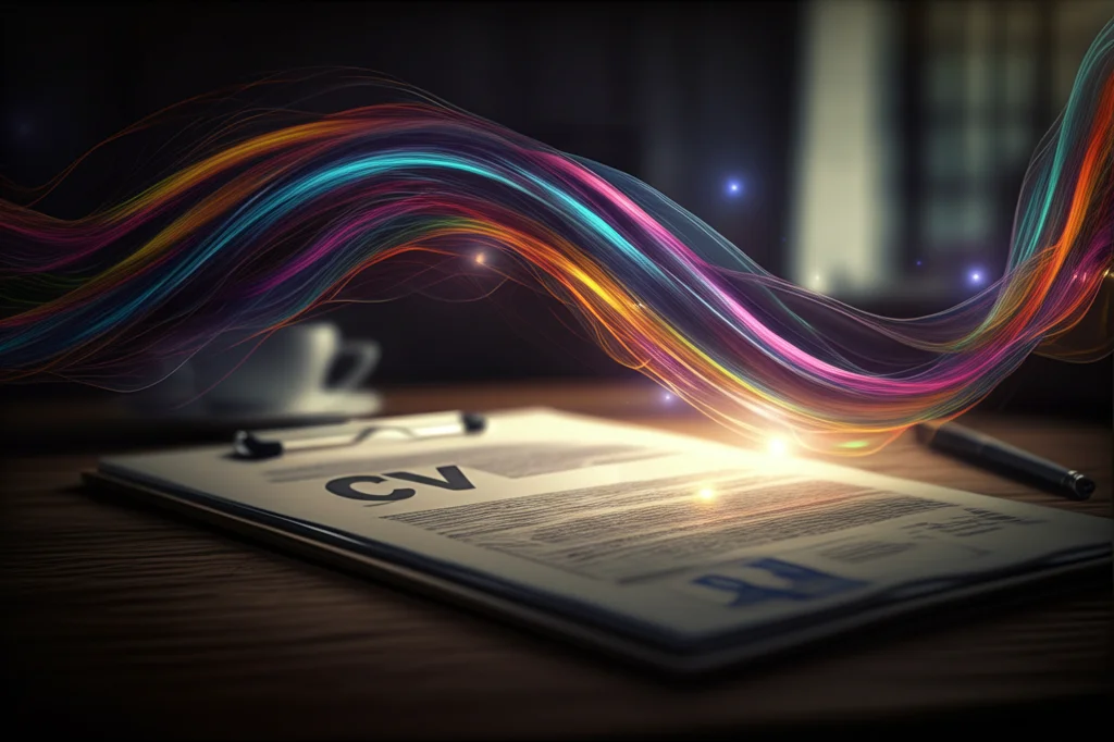 Un primo piano astratto di onde sonore colorate che emergono da un documento di candidatura (CV o lettera) posato su una scrivania elegante. Simboleggia come il linguaggio scritto riveli tratti psicologici nascosti come il Capitale Psicologico (PsyCap). Illuminazione drammatica, stile quasi surreale ma fotorealistico, obiettivo 50mm, profondità di campo.