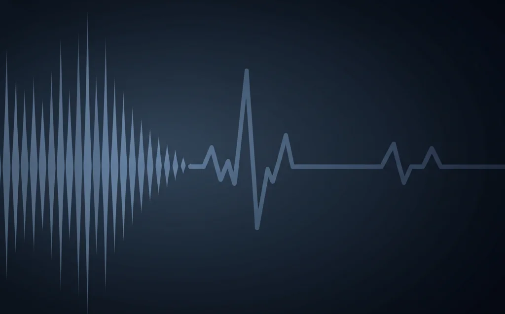 Visualizzazione concettuale astratta di onde cardiache irregolari (simbolo della fibrillazione atriale) che si intrecciano con un'onda sonora smorzata o interrotta (simbolo dell'apnea notturna), su uno sfondo blu scuro e grigio duotone, high detail.