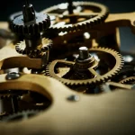 Illustrazione concettuale della grammatica tedesca rappresentata come un meccanismo complesso con alcuni ingranaggi che rappresentano diverse funzioni grammaticali (soggetto, avverbio, oggetto) che si collegano in modo inaspettato e flessibile, simboleggiando la coordinazione eterofunzionale. Luce drammatica laterale, stile fotorealistico, obiettivo prime 35mm, profondità di campo media.