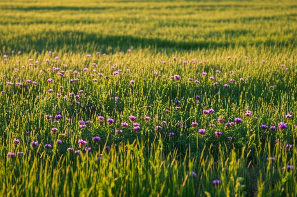 Immagine fotorealistica di un lussureggiante pascolo misto di erba medica (con fiori viola) e bromo inerme (verde intenso) nelle terre sabbiose di Horqin, Cina. Scatto paesaggistico con obiettivo grandangolare 18mm, luce dorata del tardo pomeriggio che crea lunghe ombre morbide, messa a fuoco nitida sull'erba alta e densa in primo piano che sfuma verso l'orizzonte, suggerendo alta produttività e stabilità ecologica in un ambiente difficile.