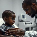 Immagine fotorealistica di un medico pediatra che controlla attentamente un bambino piccolo in un letto d'ospedale in Etiopia, espressione concentrata, luce soffusa, obiettivo 35mm, stile documentaristico, bianco e nero per enfatizzare l'emozione.