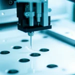 Immagine fotorealistica di un robot di microiniezione automatizzato che lavora su larve di zebrafish in un ambiente di laboratorio high-tech, obiettivo macro 100mm, illuminazione controllata, alta definizione, focus sulla punta dell'ago e sulla larva trasparente.