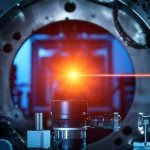 Immagine fotorealistica di una nanobacchetta di silicio che levita sospesa in un fascio di luce laser intensamente focalizzato da una metalente. L'ambientazione è un laboratorio high-tech con camera a vuoto visibile sullo sfondo. Obiettivo macro 90mm, dettaglio elevato, illuminazione drammatica e controllata, che evidenzia la particella luminosa al centro.