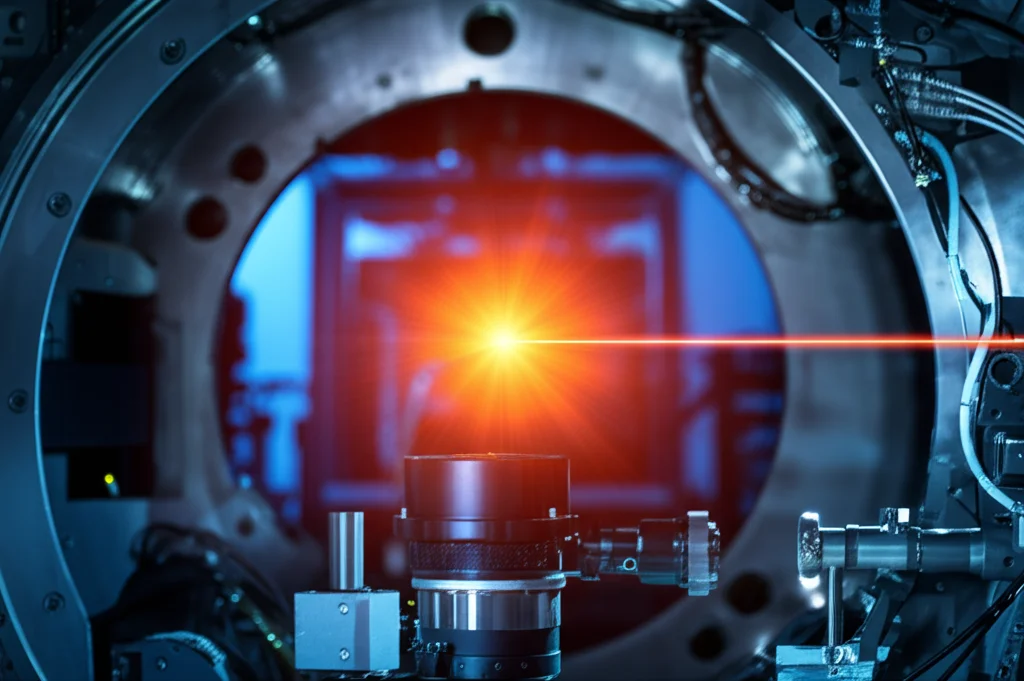 Immagine fotorealistica di una nanobacchetta di silicio che levita sospesa in un fascio di luce laser intensamente focalizzato da una metalente. L'ambientazione è un laboratorio high-tech con camera a vuoto visibile sullo sfondo. Obiettivo macro 90mm, dettaglio elevato, illuminazione drammatica e controllata, che evidenzia la particella luminosa al centro.