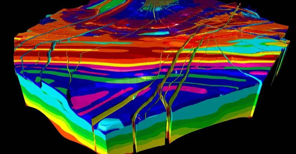 Visualizzazione 3D del sottosuolo del campo Pearl nel Delta del Niger, ottenuta da dati sismici. Si vedono chiaramente gli strati rocciosi (reservoir) interrotti da faglie (linee di frattura). Colori brillanti indicano potenziali accumuli di idrocarburi evidenziati da attributi sismici. Prospettiva leggermente angolata, wide-angle lens, 20mm, sharp focus sull'intera scena, high detail per mostrare la complessità strutturale.