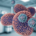 Visualizzazione 3D fotorealistica e dettagliata di un organoide di adenocarcinoma polmonare KRAS-mutato, che mostra la complessa architettura cellulare e le interazioni, con sfondo sfocato che suggerisce un ambiente di laboratorio high-tech, illuminazione drammatica, alta definizione.