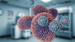 Visualizzazione 3D fotorealistica e dettagliata di un organoide di adenocarcinoma polmonare KRAS-mutato, che mostra la complessa architettura cellulare e le interazioni, con sfondo sfocato che suggerisce un ambiente di laboratorio high-tech, illuminazione drammatica, alta definizione.