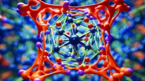 Visualizzazione artistica e fotorealistica di una rete neurale equivariante che analizza la struttura atomica di un materiale cristallino sottoposto a un campo elettrico, evidenziando la polarizzazione indotta. Macro lens, 80mm, high detail, controlled lighting, focus sulla interazione campo-materia.