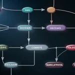 Concetto astratto fotorealistico di un percorso biologico complesso con bivi che rappresentano decisioni corrette o errate, simboleggiando la normatività e i marcatori nelle azioni finalizzate, illuminazione drammatica, stile cinematografico.