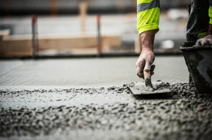 Dettaglio di un cantiere edile, obiettivo 50mm prime lens, profondità di campo ridotta, messa a fuoco su un operaio che liscia con la cazzuola del calcestruzzo alcali-attivato, leggermente più scuro e con pezzi visibili di aggregato riciclato; elementi di calcestruzzo tradizionale sfocati sullo sfondo, simboleggiando la transizione verso la sostenibilità.