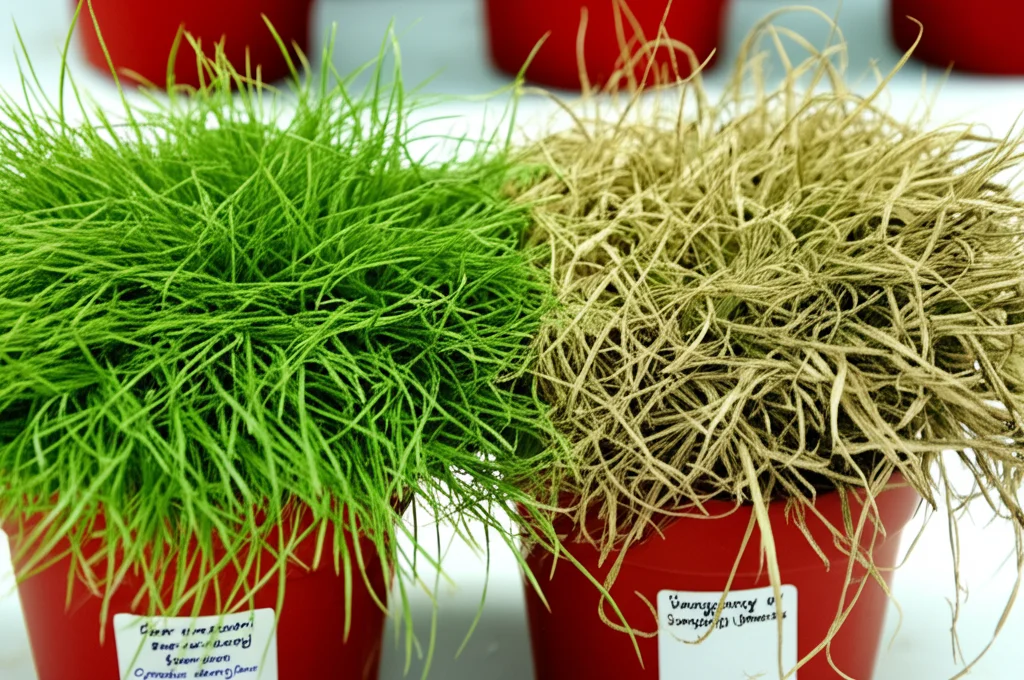 Due campioni di erba bermudagrass (Cynodon dactylon), uno ('Guanzhong', a sinistra) visibilmente sano e verde intenso, l'altro ('Yangjiang', a destra) leggermente appassito e con colore più spento, coltivati fianco a fianco in vasi identici sotto luce artificiale da laboratorio che simula condizioni controllate. Macro lens, 85mm, high detail, precise focusing, controlled lighting, enfatizzando il contrasto nella risposta alla siccità simulata.