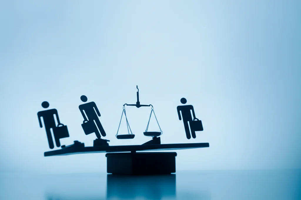 Fotografia concettuale, obiettivo prime 35mm, stile duotone blu e grigio con profondità di campo, raffigurante una bilancia della giustizia sbilanciata da un lato da una singola figura stilizzata (tentativo fallito) e dall'altro lato da due figure stilizzate identiche (tentativo riuscito = tentativo + completamento), simboleggiando la giustificazione della punizione differenziale basata sul numero di reati.