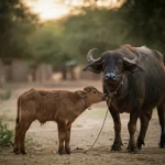 Fotografia realistica di una bufala egiziana madre (Bubalus bubalis) con il suo vitello appena nato in un ambiente rurale egiziano al tramonto. Obiettivo prime 35mm, luce calda e dorata, profondità di campo che cattura l'interazione madre-figlio, leggero effetto filmico.