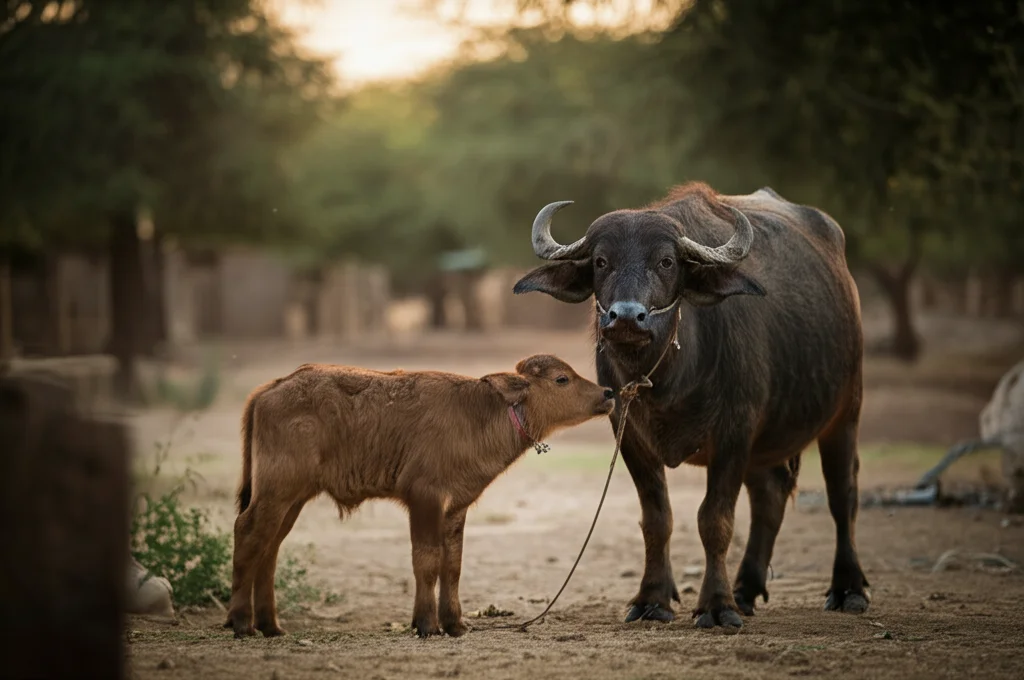 Fotografia realistica di una bufala egiziana madre (Bubalus bubalis) con il suo vitello appena nato in un ambiente rurale egiziano al tramonto. Obiettivo prime 35mm, luce calda e dorata, profondità di campo che cattura l'interazione madre-figlio, leggero effetto filmico.