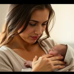 Fotografia ritratto di una giovane madre che tiene in braccio il suo neonato, con un'espressione serena ma consapevole, simboleggiando la sfida e la speranza legate al recupero post-parto e alla ricerca sul dolore pelvico. Obiettivo 50mm, luce calda e morbida, profondità di campo media, stile fotorealistico.