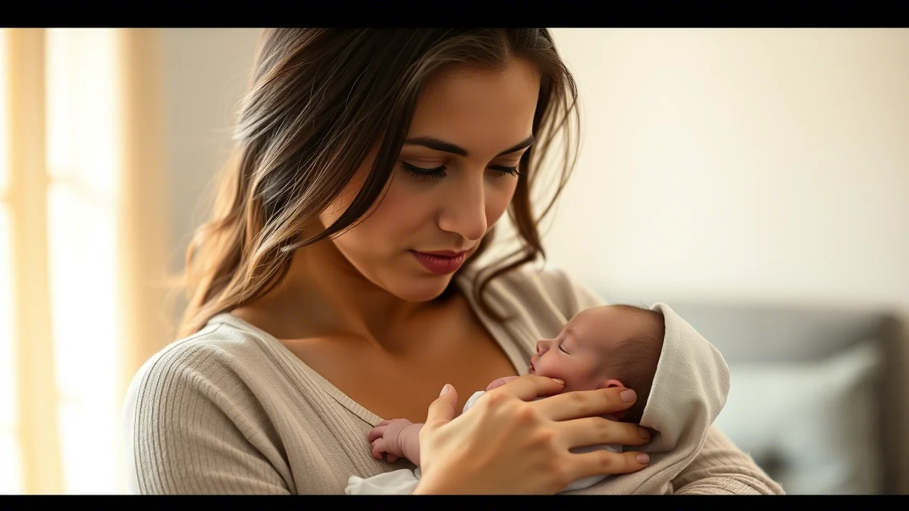 Fotografia ritratto di una giovane madre che tiene in braccio il suo neonato, con un'espressione serena ma consapevole, simboleggiando la sfida e la speranza legate al recupero post-parto e alla ricerca sul dolore pelvico. Obiettivo 50mm, luce calda e morbida, profondità di campo media, stile fotorealistico.
