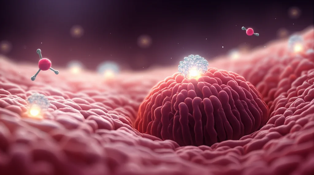 Illustrazione concettuale della terapia PRP per la rigenerazione endometriale: vista stilizzata di fattori di crescita (molecole luminose) rilasciati dalle piastrine che interagiscono con le cellule dell'endometrio (struttura cellulare rosa/rossa), suggerendo guarigione, crescita e ispessimento del tessuto, con toni caldi e focus morbido.