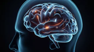 Illustrazione fotorealistica di un cervello stilizzato con percorsi neurali luminosi e dinamici che collegano diverse aree, rappresentando la fluidità e la misurazione della memoria di lavoro dinamica. Obiettivo 35mm, colori blu e arancione duotone, profondità di campo accentuata.