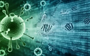 Immagine concettuale del Virus Menangle con elementi digitali sovrapposti come codice binario e strutture proteiche stilizzate, a rappresentare l'approccio *in silico* allo sviluppo del vaccino, sfondo astratto high-tech, prime lens 35mm, depth of field, colori blu e verde duotones.