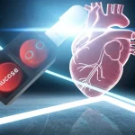 Immagine concettuale fotorealistica che mostra un grafico astratto con una linea in forte discesa simboleggiante la riduzione del rischio cardiovascolare e glicemico, sovrapposto a un cuore stilizzato e una molecola di glucosio, luce drammatica, 50mm lens, profondità di campo.