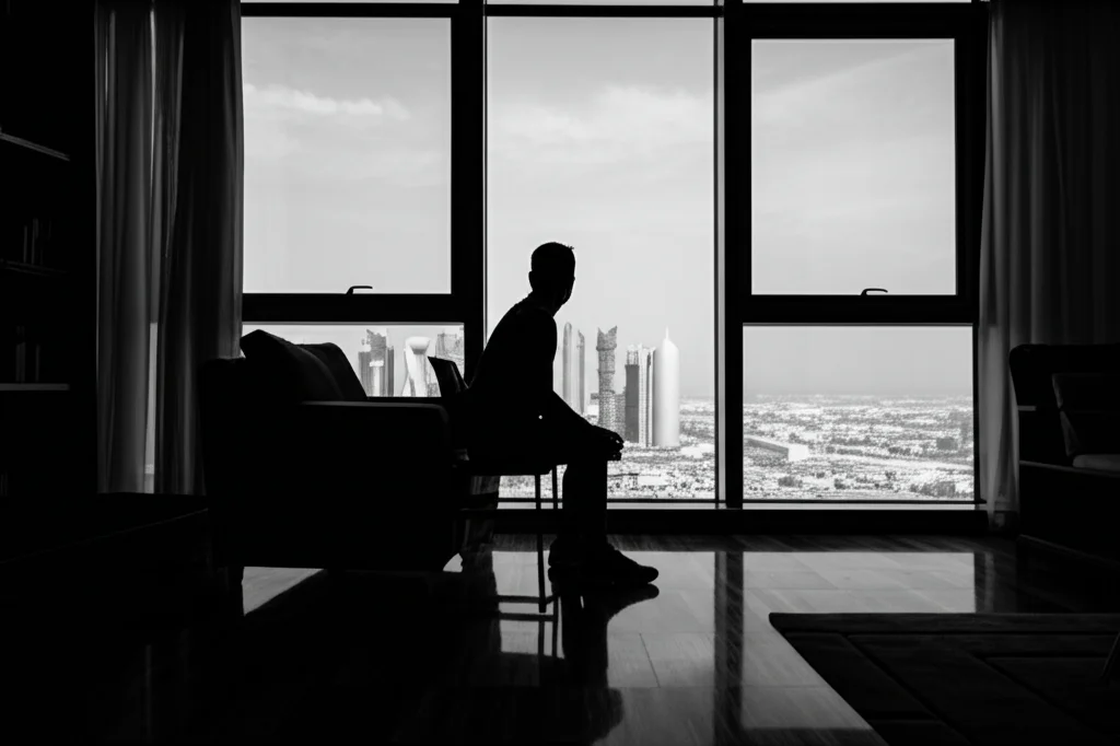 Immagine fotorealistica che mostra la silhouette di una persona adulta con diabete tipo 2 seduta su una sedia in Qatar, guardando fuori da una finestra verso una città moderna ma sentendosi isolata dalla possibilità di fare attività fisica. Obiettivo 35mm, stile film noir con forti contrasti tra luce e ombra, bianco e nero.