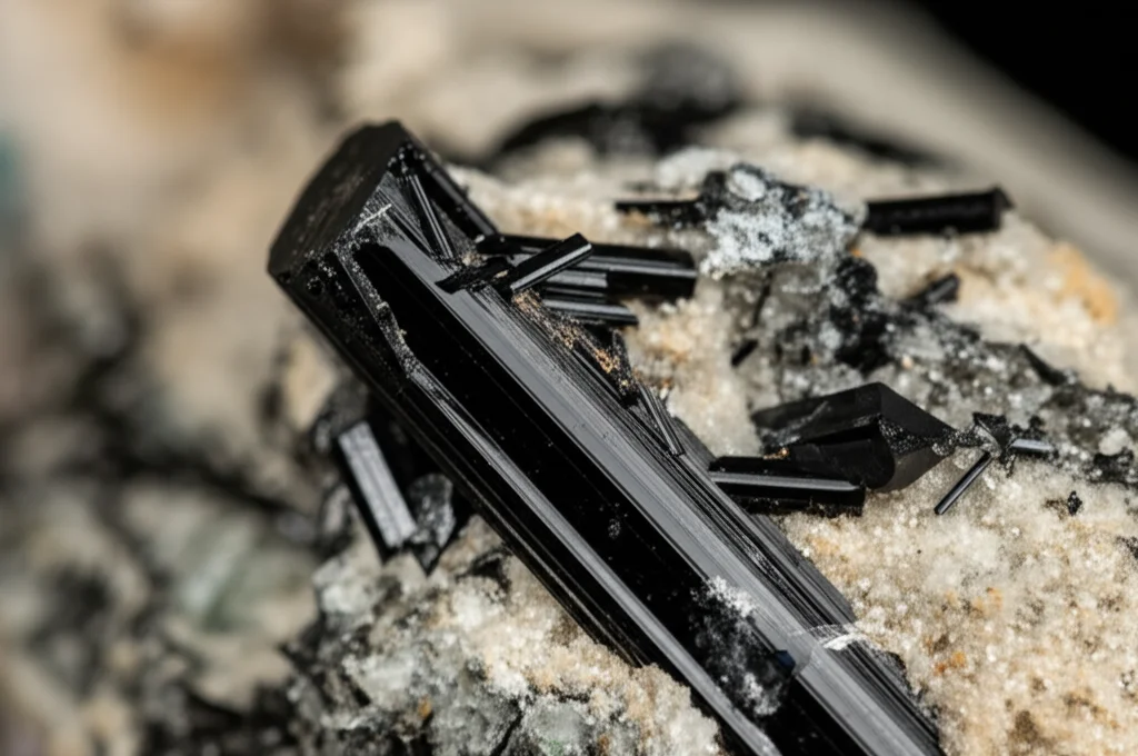 Primo piano fotorealistico di cristalli di anfibolo scuri e allungati (riebeckite) parzialmente incastonati in una roccia metamorfica, sovrapposti a uno sfondo sfocato che rappresenta schematicamente una zona di subduzione con frecce indicanti stress e movimento delle placche, obiettivo macro 85mm, profondità di campo ridotta.