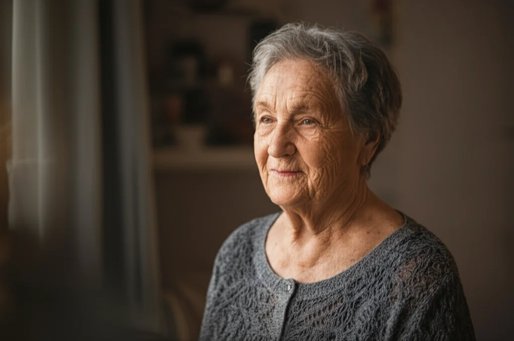 Ritratto di una donna anziana sorridente con capelli grigi, la sua pelle mostra segni naturali dell'età ma il suo sguardo è vivace e sano. Luce naturale morbida proveniente da una finestra laterale. Lente prime 50mm, profondità di campo leggermente ridotta per sfocare lo sfondo domestico. Colori caldi e naturali.