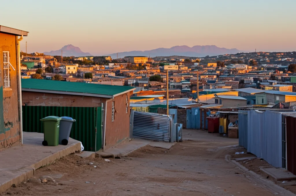 Veduta grandangolare (obiettivo 20mm) di Fisantekraal al tramonto, che mostra il contrasto tra le case formali e le numerose baracche nei cortili retrostanti, con un bidone della spazzatura municipale pieno sullo sfondo, simboleggiando le sfide della gestione dei rifiuti. Luce calda, messa a fuoco nitida.