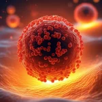 Visualizzazione 3D ultra-realistica di nanoparticelle SCNP (meno di 10nm) che circondano una cellula tumorale, illuminate da un fascio di luce NIR (infrarossa), generando calore visibile come un alone termico e iniziando ad aggregarsi. Macro lens, 100mm, high detail, precise focusing, controlled lighting, sfondo scuro biomedico con dettagli cellulari sfocati.