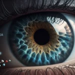 Visualizzazione artistica e fotorealistica del cristallino di un occhio umano affetto da miopia elevata e cataratta nucleare, con fibre compatte e polarizzate al centro evidenziate da linee luminose. Molecole stilizzate di TGF-β1 e m6A fluttuano intorno. Obiettivo macro 85mm, profondità di campo ridotta, illuminazione suggestiva che mette in risalto l'opacità centrale del nucleo, toni blu e grigi duotone.