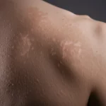 Illustrazione concettuale della pelle con aree di vitiligine che mostrano segni evidenti di repigmentazione grazie a trattamenti dermatologici moderni, con una luce soffusa e speranzosa che illumina la scena. Macro lens, 60mm, high detail, controlled lighting.