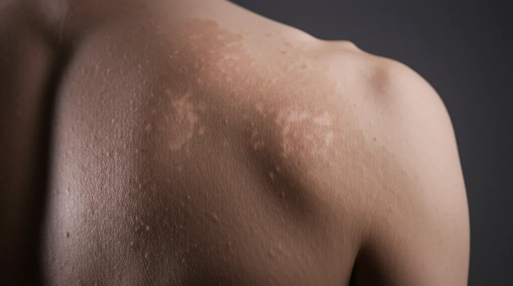 Illustrazione concettuale della pelle con aree di vitiligine che mostrano segni evidenti di repigmentazione grazie a trattamenti dermatologici moderni, con una luce soffusa e speranzosa che illumina la scena. Macro lens, 60mm, high detail, controlled lighting.