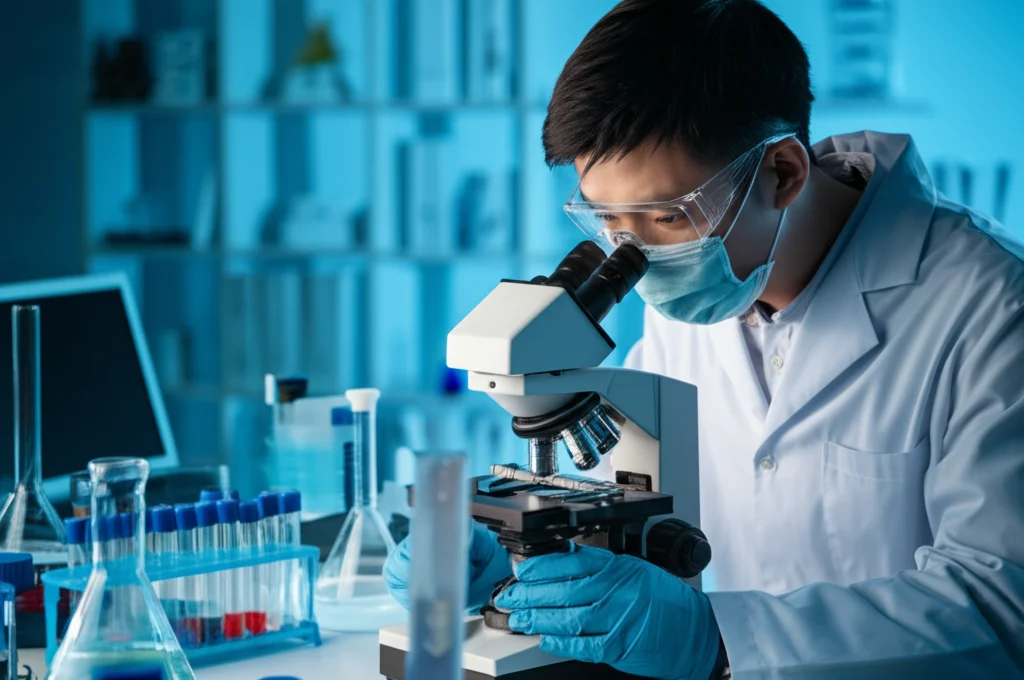 Immagine fotorealistica di un ricercatore cinese in un laboratorio moderno che osserva al microscopio campioni cellulari, simboleggiando la ricerca sul cancro al polmone e nuove terapie come Penpulimab. Obiettivo prime 50mm, profondità di campo.