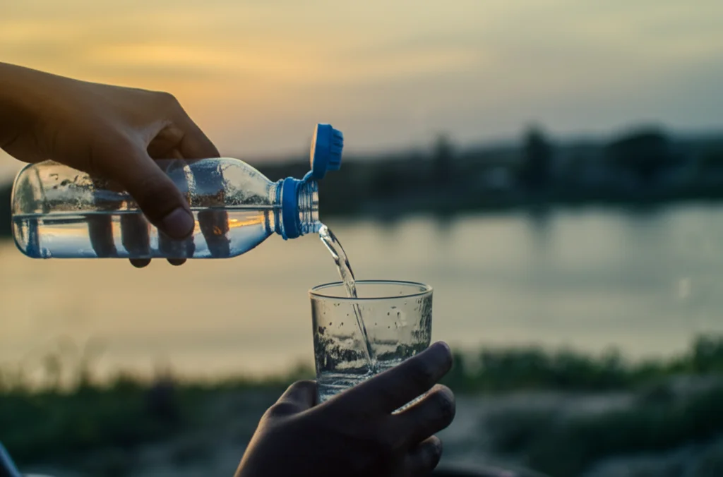 Immagine fotorealistica, obiettivo 35mm, che mostra una mano che versa acqua da una borraccia in un bicchiere trasparente, con sullo sfondo sfocato un paesaggio fluviale del Ghana al tramonto, duotone blu e ocra, profondità di campo per evidenziare l'acqua.