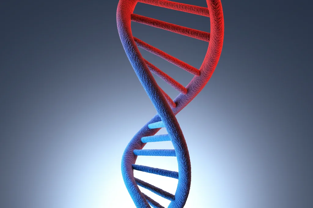 Immagine simbolica del distress psicologico in ambito genetico: una doppia elica di DNA stilizzata con sfumature di colore che vanno dal blu sereno al rosso intenso dell'ansia, sfondo neutro, illuminazione drammatica, obiettivo 50mm, focus selettivo.