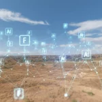 Paesaggio grandangolare, obiettivo 20mm, che mostra un vasto e arido paesaggio etiope sotto un cielo ampio, con una sottile sovrapposizione di nodi digitali interconnessi (rappresentanti AI/ML) che brillano debolmente sulla scena, messa a fuoco nitida, effetto lunga esposizione sulle nuvole, simboleggiando la tecnologia che affronta le sfide sanitarie remote.