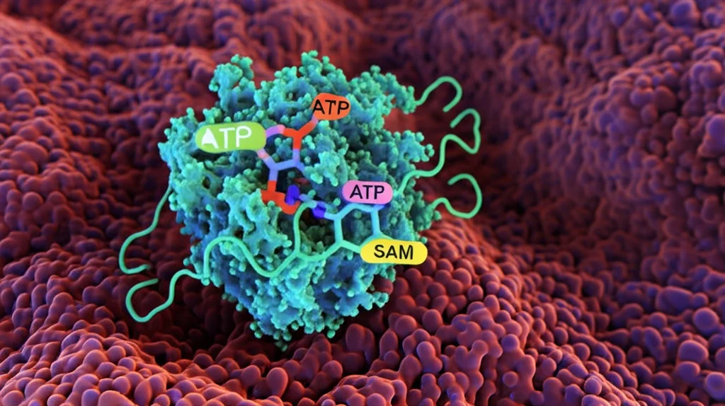 Visualizzazione 3D fotorealistica della proteina PRPS2 che interagisce con MAT2A all'interno di una cellula tumorale polmonare, con molecole di ATP e SAM evidenziate. Illuminazione da laboratorio controllata, lente macro 90mm, alta definizione dei dettagli molecolari.