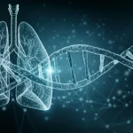 Visualizzazione artistica e fotorealistica di una doppia elica di DNA che si intreccia con una rappresentazione stilizzata dei polmoni umani, sfondo scuro con punti luce che rappresentano dati, alta definizione, illuminazione drammatica, obiettivo 50mm.