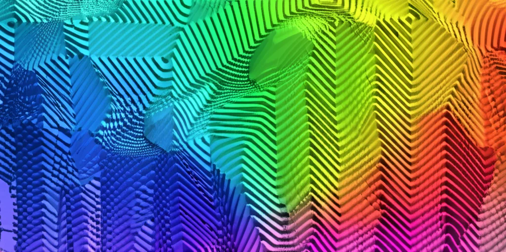 Immagine concettuale astratta che rappresenta la transizione da un'analisi 2D superficiale (linee su un piano) a una 3D volumetrica (griglia deformata nello spazio) di un materiale metallico sotto sforzo, con gradienti di colore che indicano lo stress, alta definizione, stile scientifico moderno.